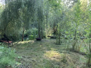 Jardin en bord de rivière banc braséro et haie de saule tressée