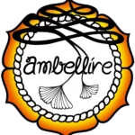 Logo d'Ambellire orange jaune et noir, mandala représentant le chakra sacré avec la corde du macramé, un lunalome et deuc feuilles de gingko biloba