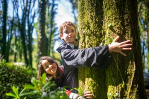 Deux enfants qui enlassent un arbre